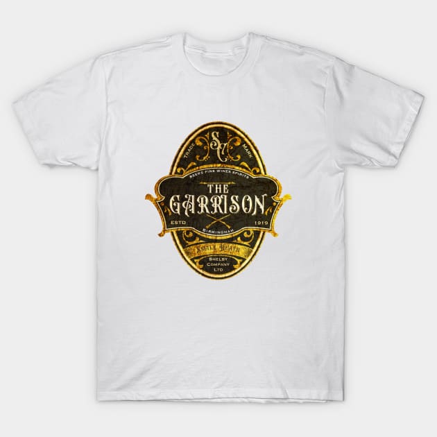 The Garrison Pub Emblem Design Black and Gold T-Shirt by ScienceNStuffStudio